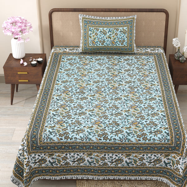 Pure Cotton Block Print Jaipuri Bedsheet - Single Bedsheet - 63*90 inches - Azure Floral