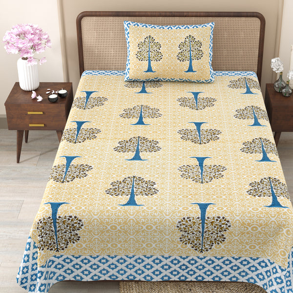 Pure Cotton Block Print Jaipuri Bedsheet - Single Bedsheet - 63*90 inches - Tree Harmony