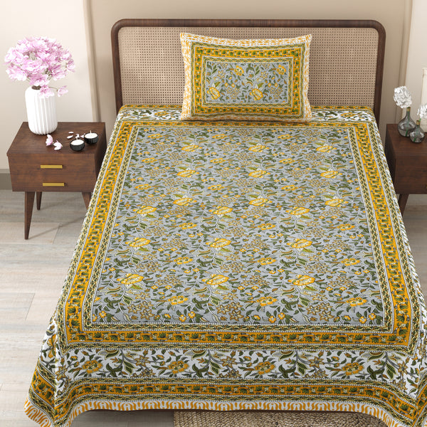 Pure Cotton Block Print Jaipuri Bedsheet - Single Bedsheet - 63*90 inches - Azure Floral