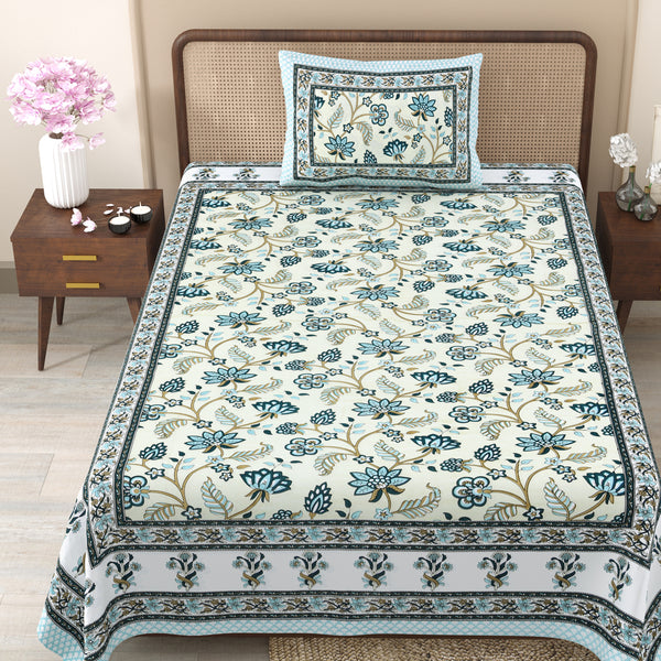 Pure Cotton Block Print Jaipuri Bedsheet - Single Bedsheet - 63*90 inches - Urban Bloom