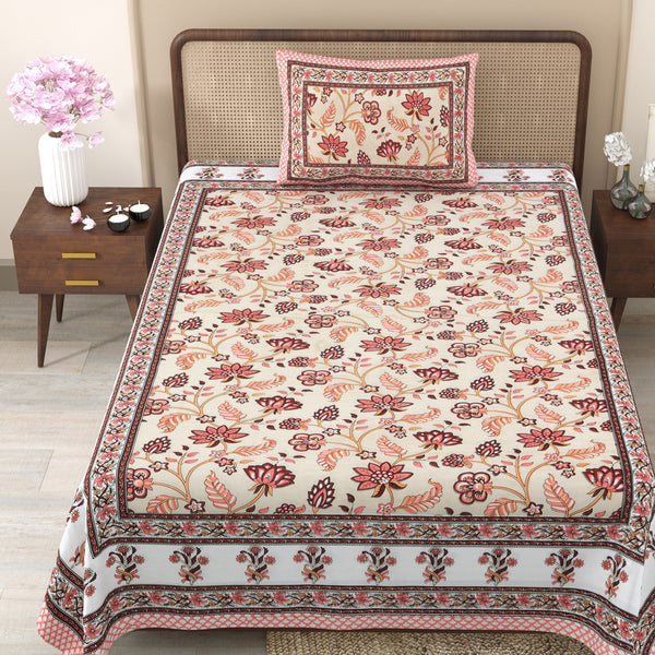 Pure Cotton Block Print Jaipuri Bedsheet - Single Bedsheet - 63*90 inches - Urban Bloom