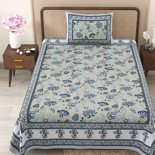 Pure Cotton Block Print Jaipuri Bedsheet - Single Bedsheet - 63*90 inches - Urban Bloom