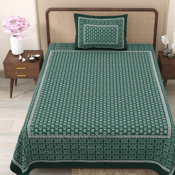 Pure Cotton Block Print Jaipuri Bedsheet - Single Bedsheet - 63*90 inches - Antique Forest