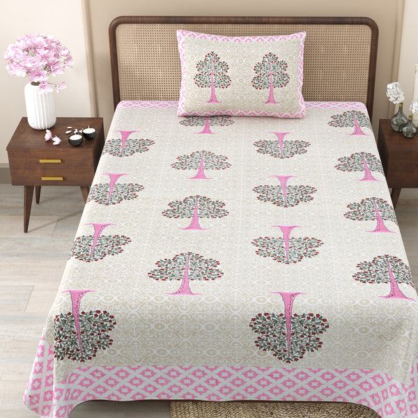 Pure Cotton Block Print Jaipuri Bedsheet - Single Bedsheet - 63*90 inches - Tree Harmony