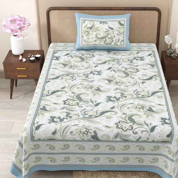 Pure Cotton Block Print Jaipuri Bedsheet - Single Bedsheet - 63*90 inches - Floral Swirl