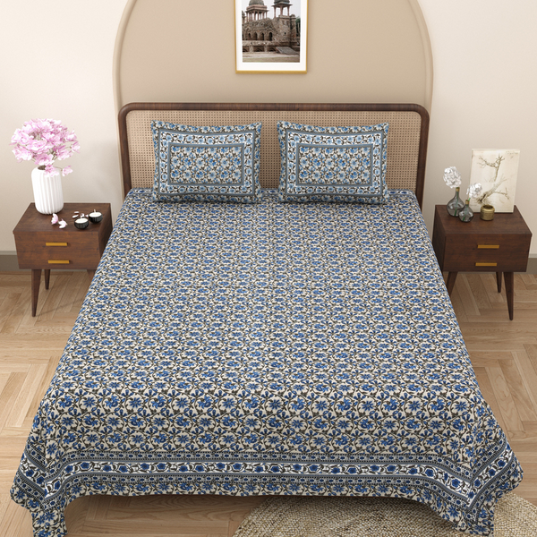 Pure Cotton Block Print Jaipuri Bedsheet - King Size 100*108 inches - Blue Brown Floral