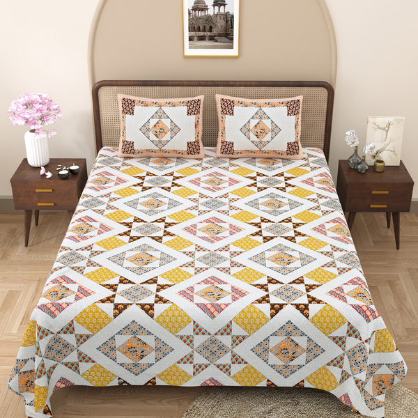 Pure Cotton Block Print Jaipuri Bedsheet - King Size 100*108 inches - Vibrant Mosaic