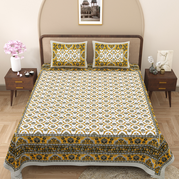 Pure Cotton Block Print Jaipuri Bedsheet - King Size 100*108 inches - Mustard Regal Rose