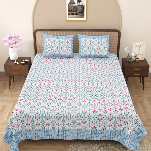 Pure Cotton Block Print Jaipuri Bedsheet - King Size 100*108 inches - Blue Floral Fiesta