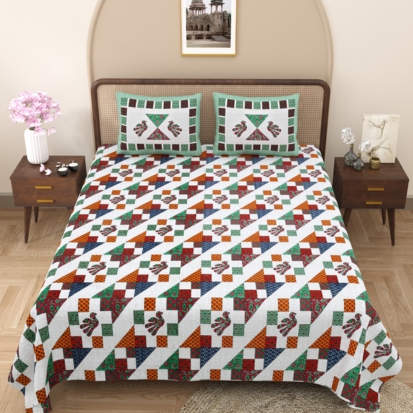 Pure Cotton Block Print Jaipuri Bedsheet - King Size 100*108 inches - Green Bird Triangles