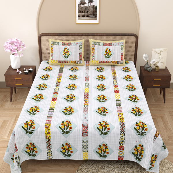 Pure Cotton Block Print Jaipuri Bedsheet - King Size 100*108 inches - Yellow Floral Bunches