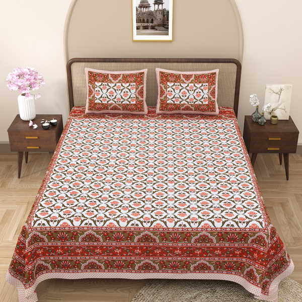 Pure Cotton Block Print Jaipuri Bedsheet - King Size 100*108 inches - Pink Regal Rose