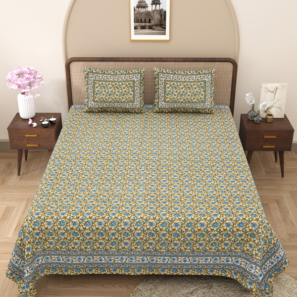 Pure Cotton Block Print Jaipuri Bedsheet - King Size 100*108 inches - Blue Yellow Floral