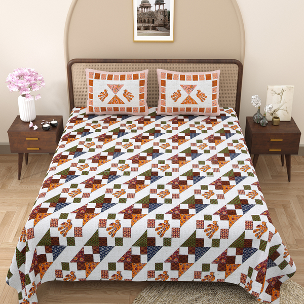 Pure Cotton Block Print Jaipuri Bedsheet - King Size 100*108 inches - Orange Bird Triangles