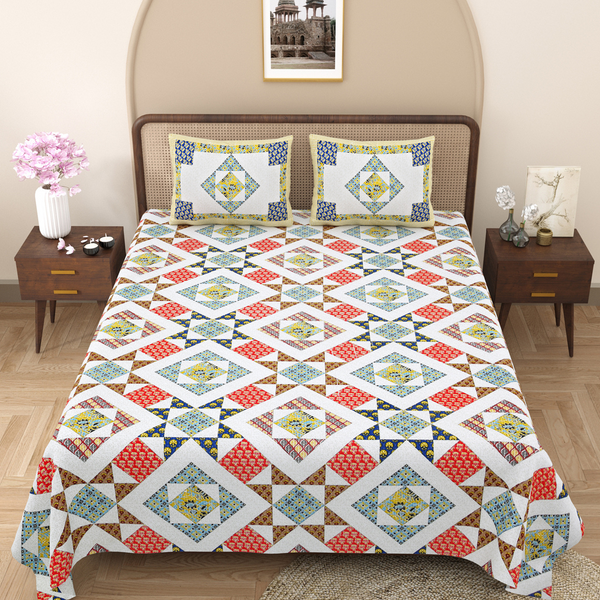 Pure Cotton Block Print Jaipuri Bedsheet - King Size 100*108 inches - Vibrant Mosaic