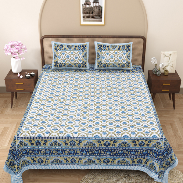 Pure Cotton Block Print Jaipuri Bedsheet - King Size 100*108 inches - Blue Regal Rose