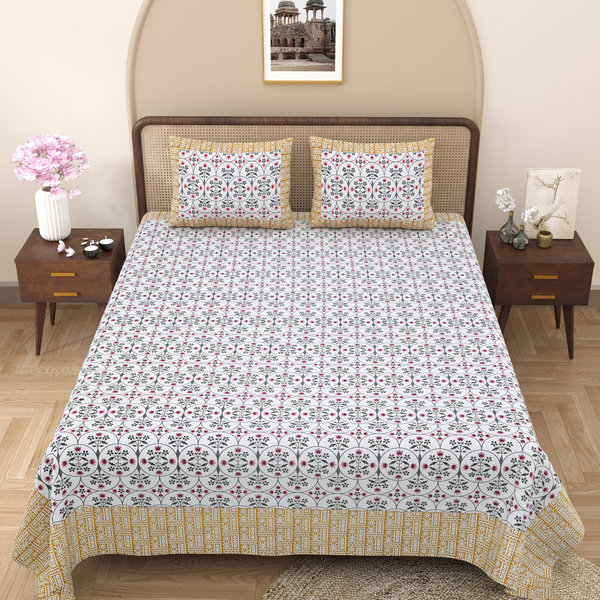 Pure Cotton Block Print Jaipuri Bedsheet - King Size 100*108 inches - Mustard Floral Fiesta